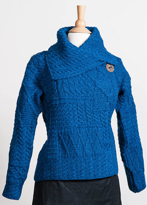Women's Irish Wool Sweater - One Button Blue